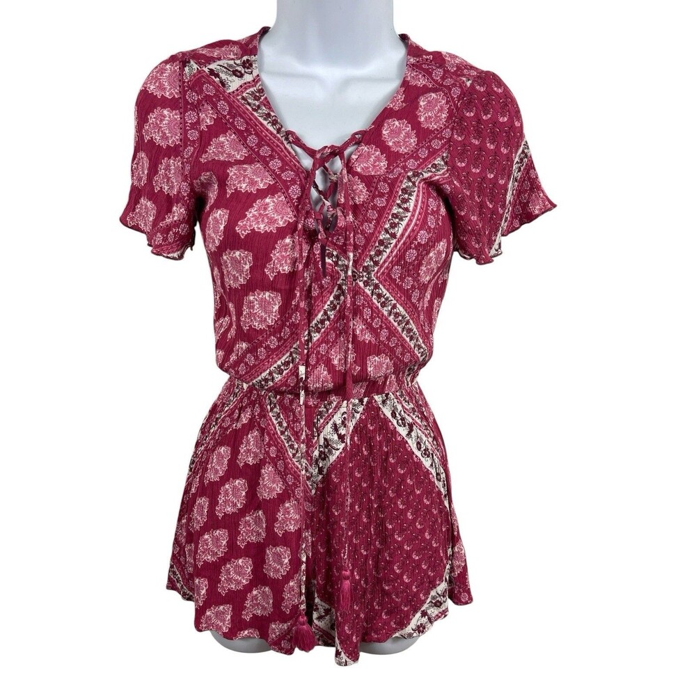 Show Me Your Mumu XS Patchwork Look Lace Up Romper Boho Festival VTG Y2K
